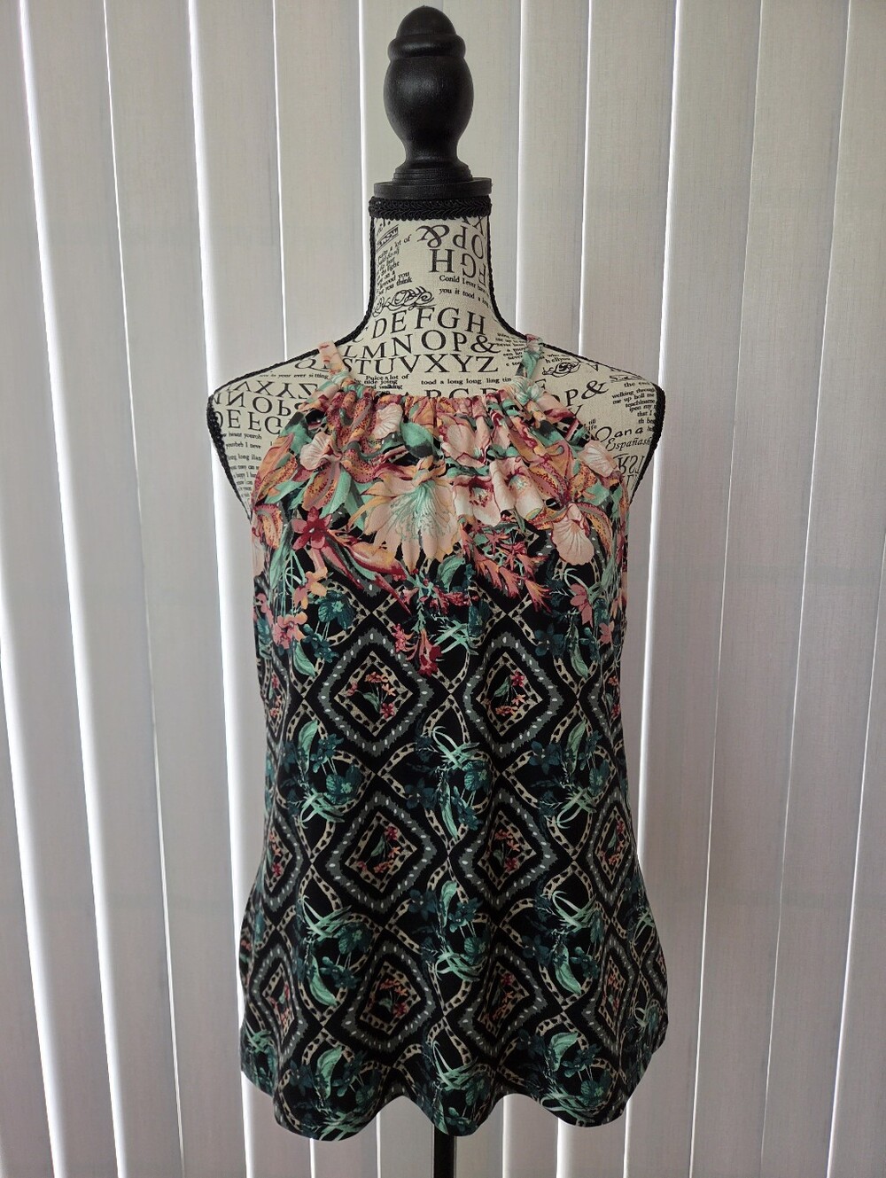 ANTHROPOLOGIE Floral Halter Neck Women’s Top - Black with Pink & Teal